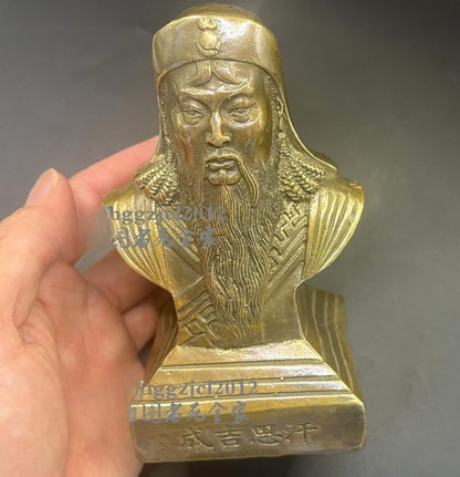 5.1" Brass Genghis Khan Bust Statue Mongol Empire King Table Home Decor Collect