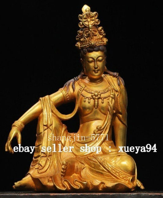 12" Old Chinese Bronze Gilt Buddhism Free Kwan-yin Guan Yin Goddess Statue