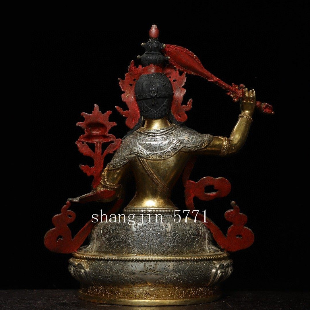 12.2"Xizang Buddhism Temple Bronze Hold Sword Manjushri Tara Buddha Statue