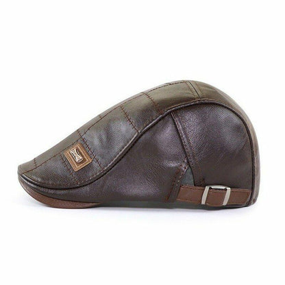 Winter Leather Cap Hat Warm Vintage Flat Casual Patchwork Beret Hiking Male