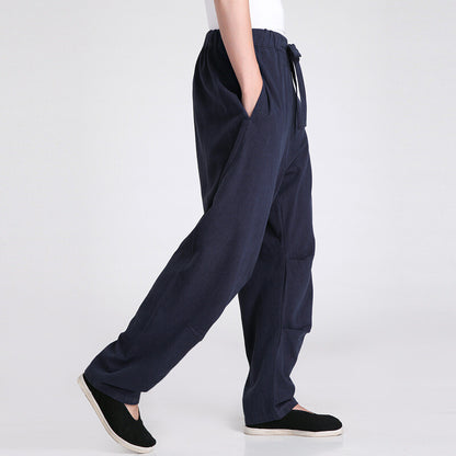 Men Chinese Kung Fu Pants Martial Art Linen Tang Suit Trouser Elastic Waist Long