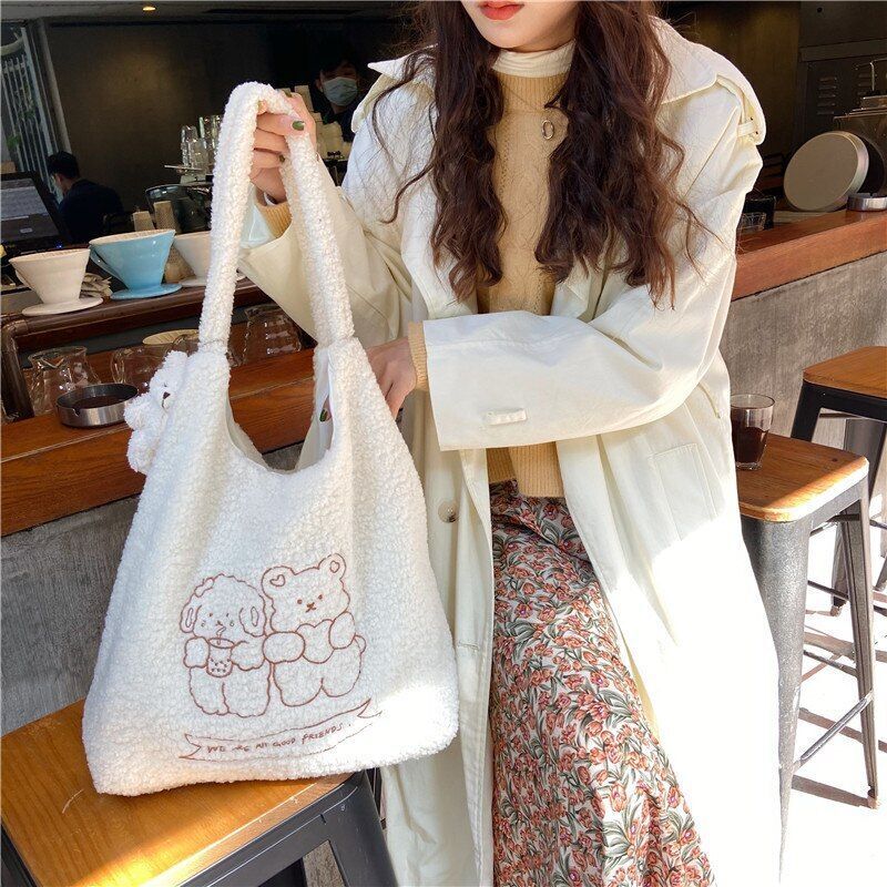 Women Soft Plush Tote Simple Warm Cloth Shopper Bags Handbag Shoulder Bag Purses