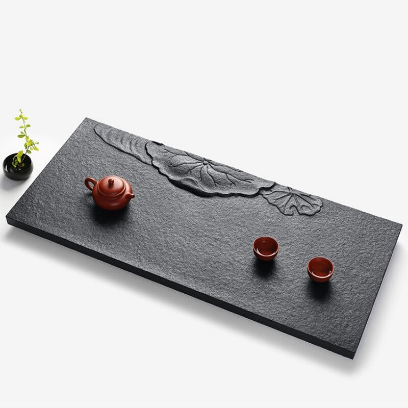 Water Draining Tea Tray Lotus Design Carved Black Stone Serving Tray Embossed