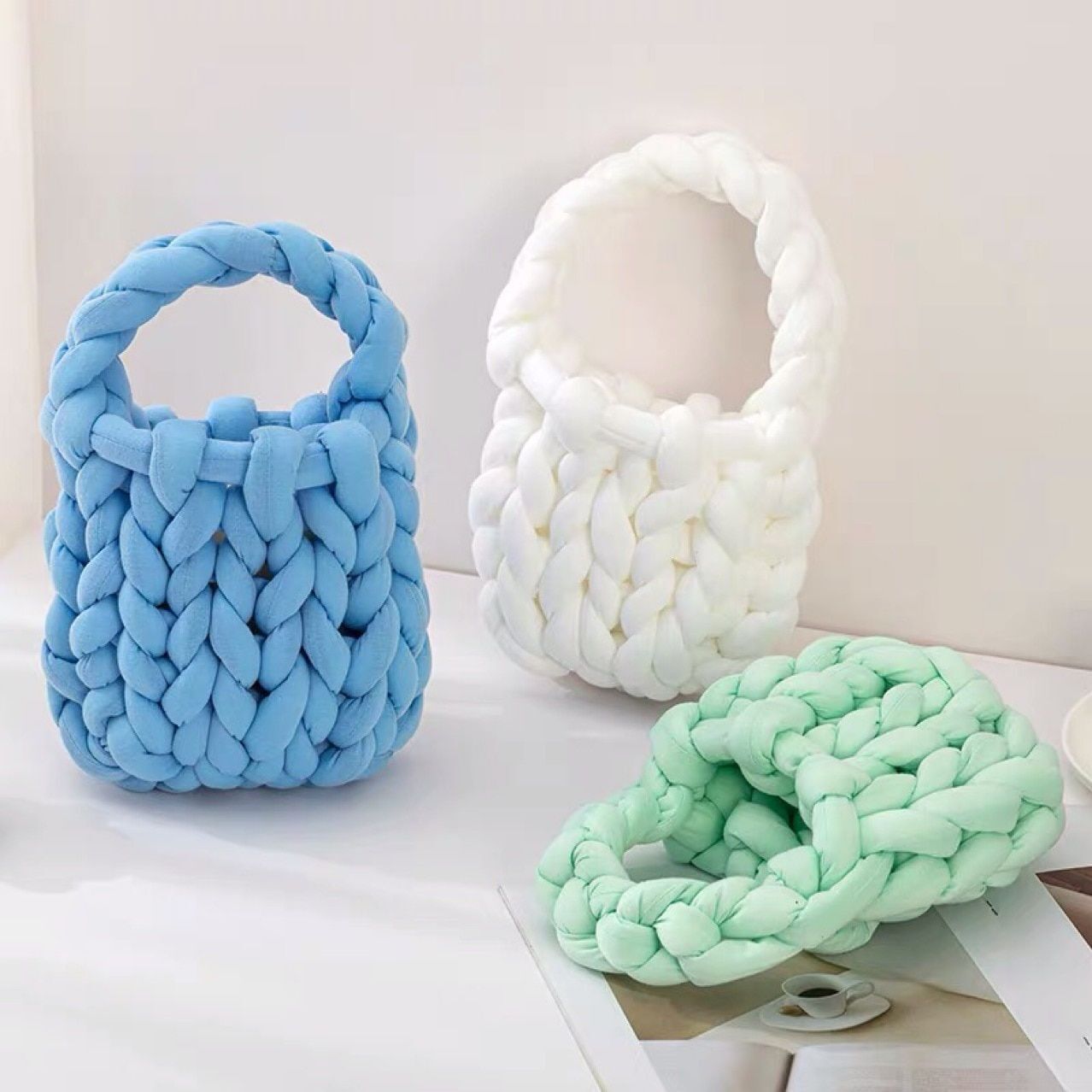 Thick Rope Woven Handbag Crochet Small Tote Bag Knitted Small Purse Cotton Totes