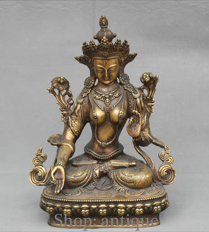 12.5'' Old Tibet Bronze Gilt White Tara Mahayana Buddhism Enlightenment Statue