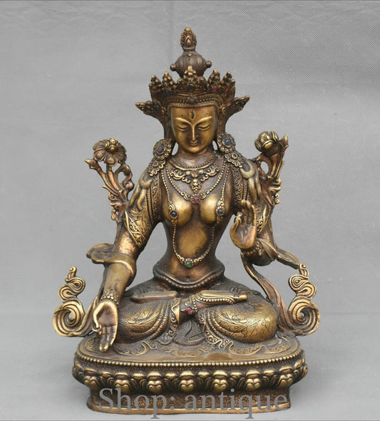 12.5'' Old Tibet Bronze Gilt White Tara Mahayana Buddhism Enlightenment Statue