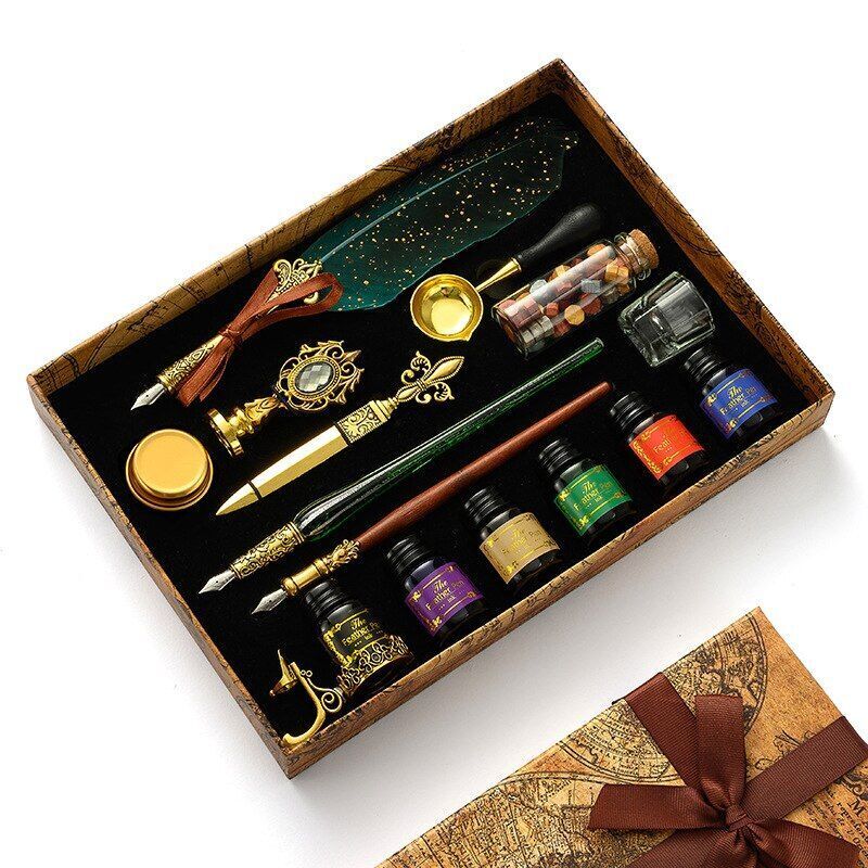 Wax Stamps Seal Feather Dip Quill Ink Gift Calligraphy Sealing Kits 2 3 Pen Sets
