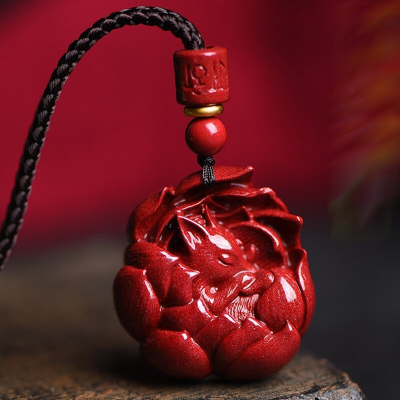 Natural Cinnabar Nine-tailed Fox Carved Pendant Necklace Feng Shui Amulet Decor