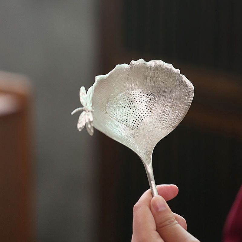 Tin Ginkgo Leaf Tea Strainer with Silver Butterfly Inlay