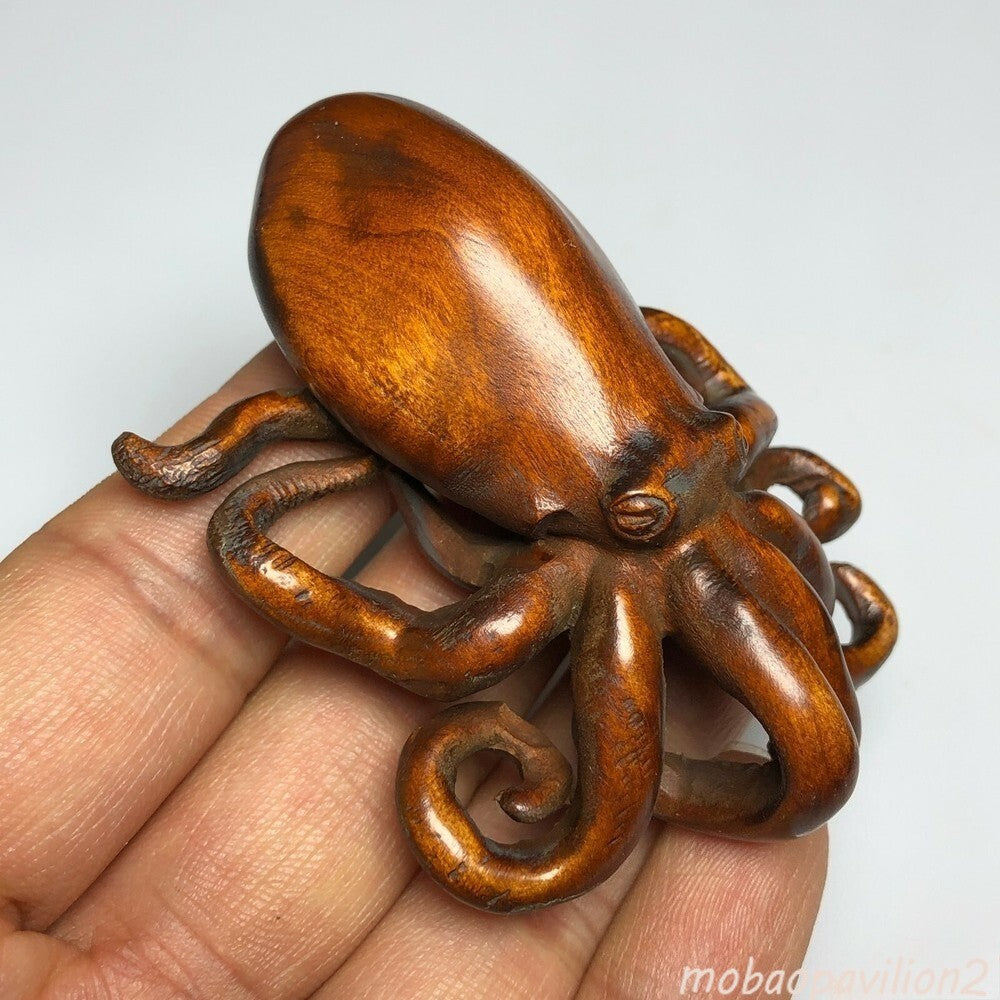 Chinese Boxwood Handwork Octopus Statue Tea Pet Fengshui Art Deco Gift