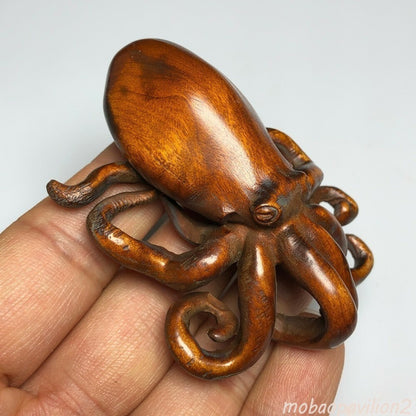 Chinese Boxwood Handwork Octopus Statue Tea Pet Fengshui Art Deco Gift