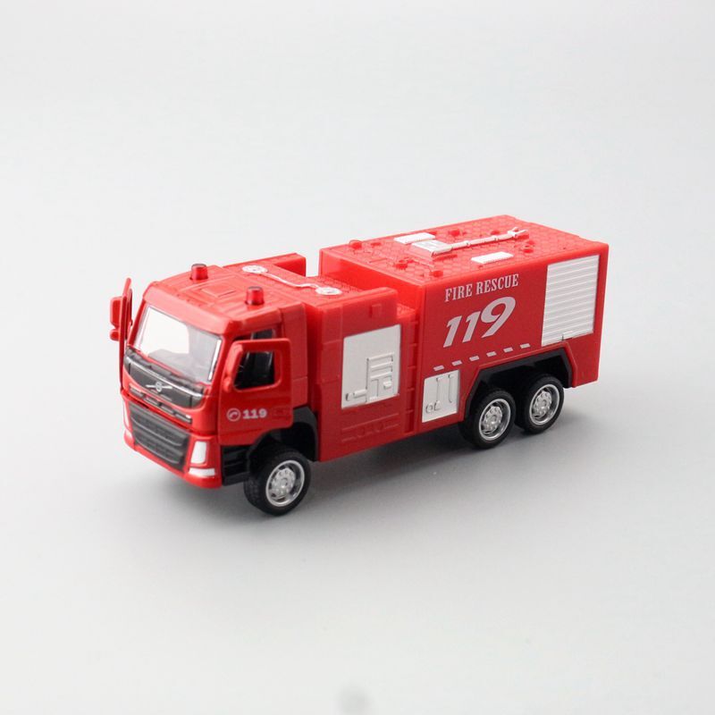 1:72 Diecast Volvo Fire Truck Metal Car Model Toy Pull Back Door Open Gift