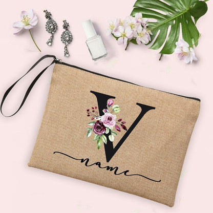 Flower Initial Cosmetic Bag Women Makeup Bag Linen Zipper Pouch Travel Organizer