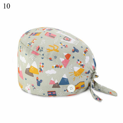 Unisex Surgical Scrub Cap Doctor Nurse Cotton Cartoon Adjustable Hats Buttons