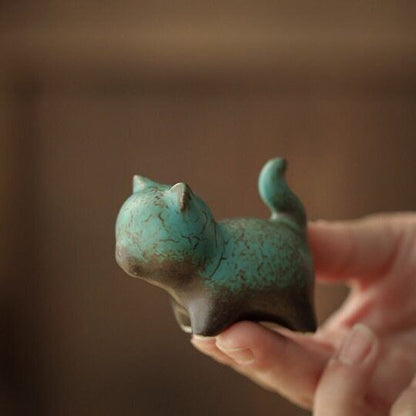 Tea Pet Cute Cat Dark Green Lucky Cat Tea Decorative Figurine