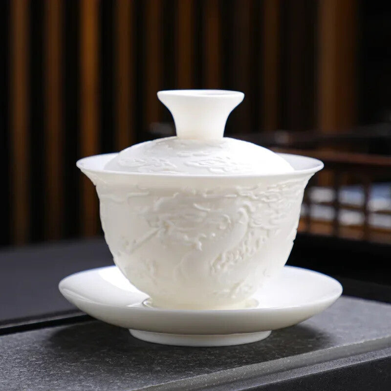 Kung Fu Tea Set Tureen Ceramic Simple Portable Dragon and Phoenix Cups Gaiwan