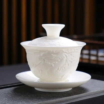 Kung Fu Tea Set Tureen Ceramic Simple Portable Dragon and Phoenix Cups Gaiwan