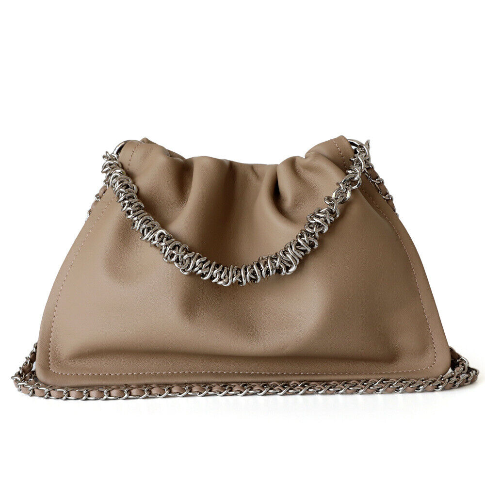 Small Real Leather Ruched Clutch Pouch Purse Tote Shoulder Bag Crossbody Chains