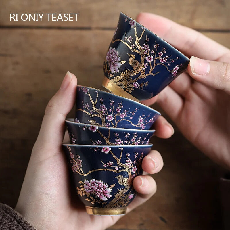 2.4" Ceramic Teacup Hand Painted Flowers Tea Bowl Handmade Tea Cup Tea Set Decor