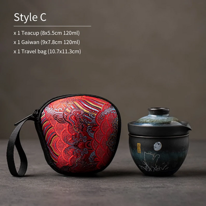 Embersceramic Cute Cat Ceramic Tea Cups and Sets Travel Tea Set with Bag