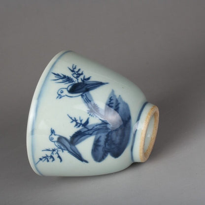 2.9" Chinese Jing De Zhen Blue and White Porcelain Flower Magpie Bird Teacup Cup