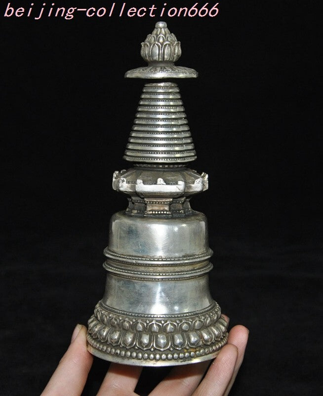 6.4'' Tibet Tibetan Silver Buddhism Temple Buddha Stupa Pagoda Tower Statue