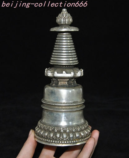 6.4'' Tibet Tibetan Silver Buddhism Temple Buddha Stupa Pagoda Tower Statue