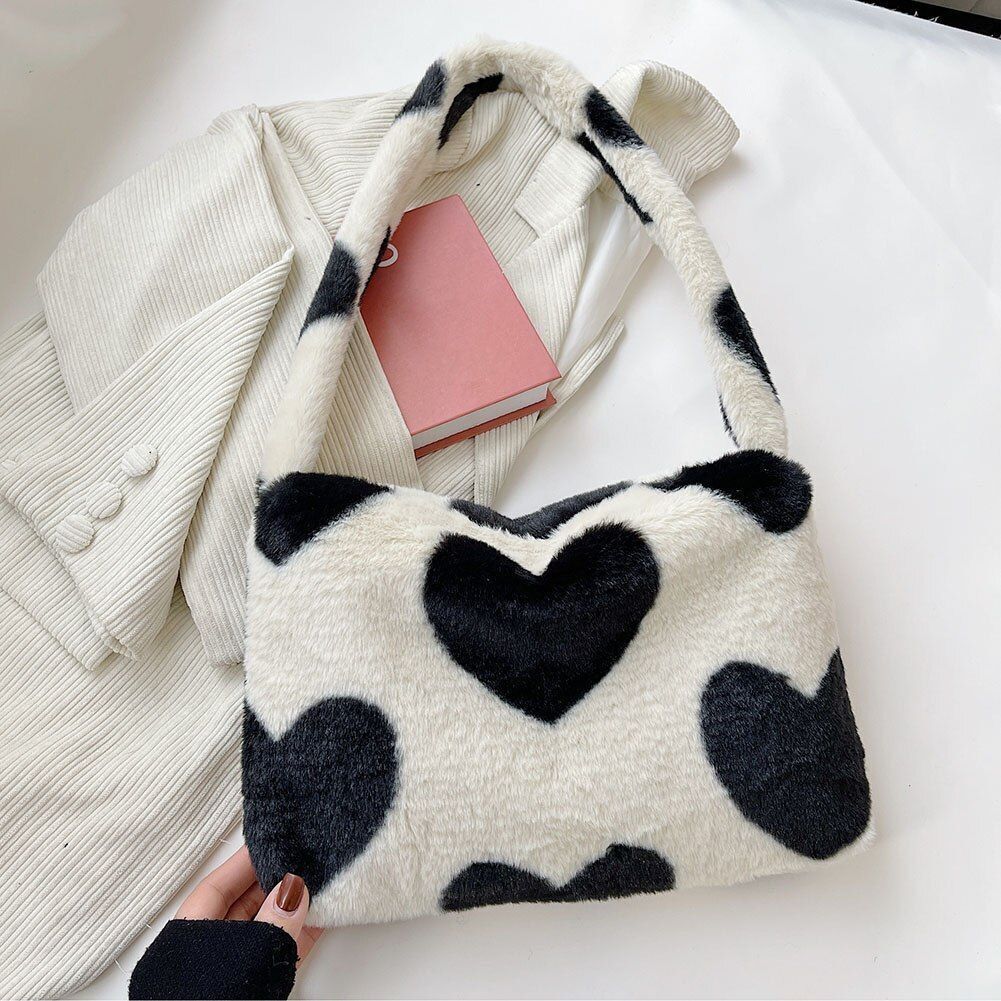 Flower Pattern Shoulder Bag Elegant Underarm Bag Faux Fur Handbag 30*20*5 CM 1PC