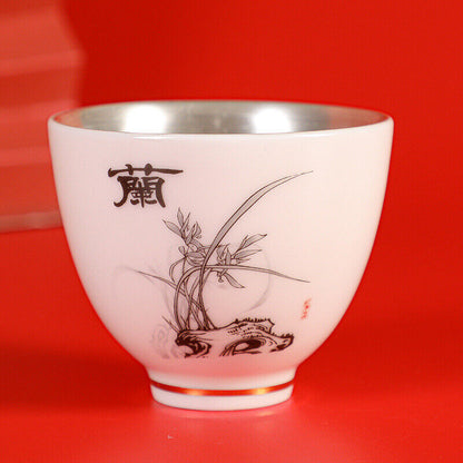 Chinese Tea Cup Pure Silver Personal Cup Mutton Fat Jade Porcelain Kungfu Teacup