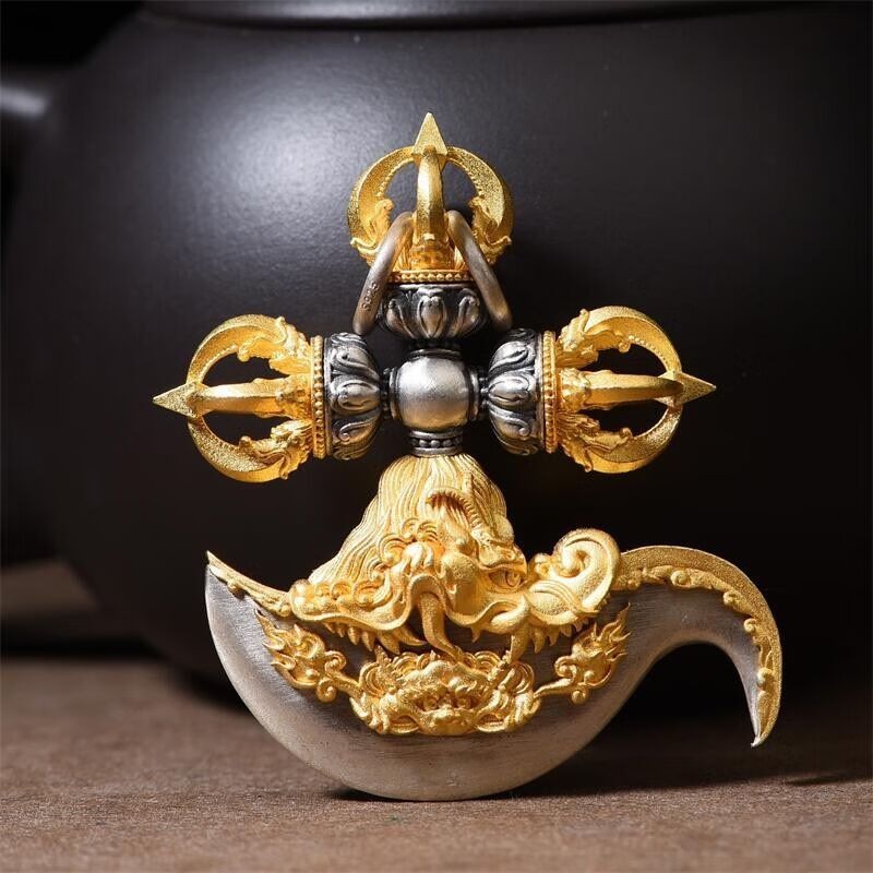 Tibetan Vajra Axe Pendant Copper Silver Plated Handmade Vajra Pestle Amulet