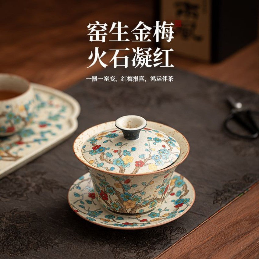 Vintage Clay Plum Blossom Gaiwan 10.7cm 150ml Hand Painted Tea Brewer Bowl