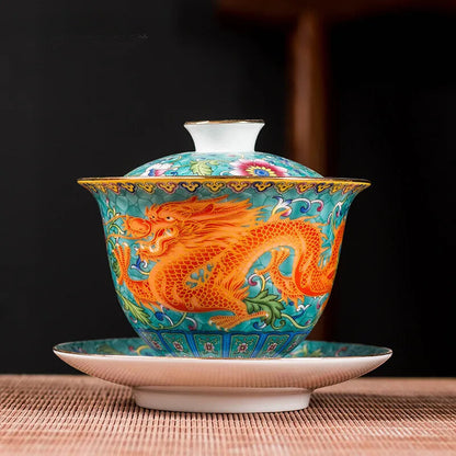 Ceramics Sancai Gaiwan Bowl Dragon and Phoenix Tea Cup Handmade Enamel Color