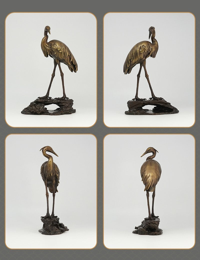 Brass Standing Crane Figurine Statue Office Art Sculpture Home Decor