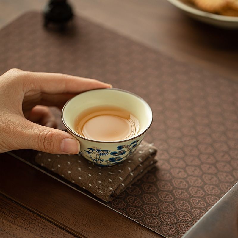 Blue & White Ru Kiln Pine Bamboo Plum Teacup 55ml Gongfu Tea Cup