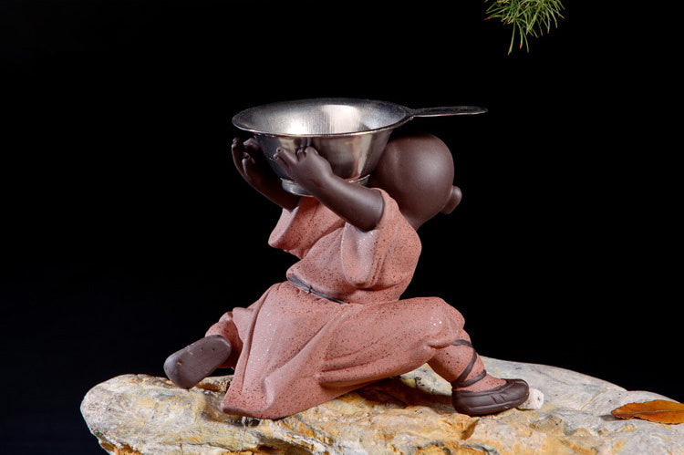 Chinese Shao Lin Monk Kungfu Posture Statue Zisha Purple Clay Boy On Tea Tray