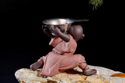 Chinese Shao Lin Monk Kungfu Posture Statue Zisha Purple Clay Boy On Tea Tray