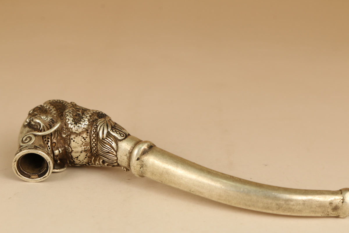 Rare Tibet Silver Copper Smoking Tool Statue Old Sacred Opening Dragon Head Pipe