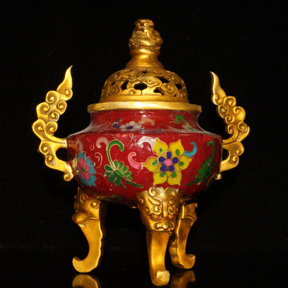 Old China Gold Plating on Brass Cloisonne Three Legs Incense Burner