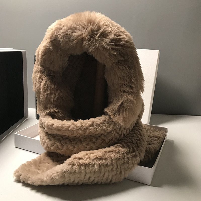 Women Scarves Winter Warm Thickened Pullover Caps Imitation Rabbit Fur Plush Hat
