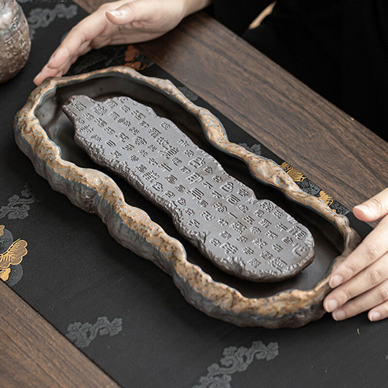 Crude Pottery Tea Tray Water Reservoir Ceramic Serving Tray Heart Sautra Carved