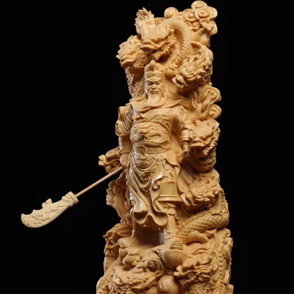 8" New Cypress Wood Carved Guan Yu Guan Gong Warrior Dragon Statue Figurine