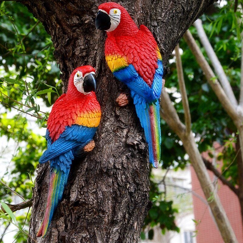 Resin Parrot Statue Wall Mounted Outdoor Garden Tree Decoration Animal Sculpture-