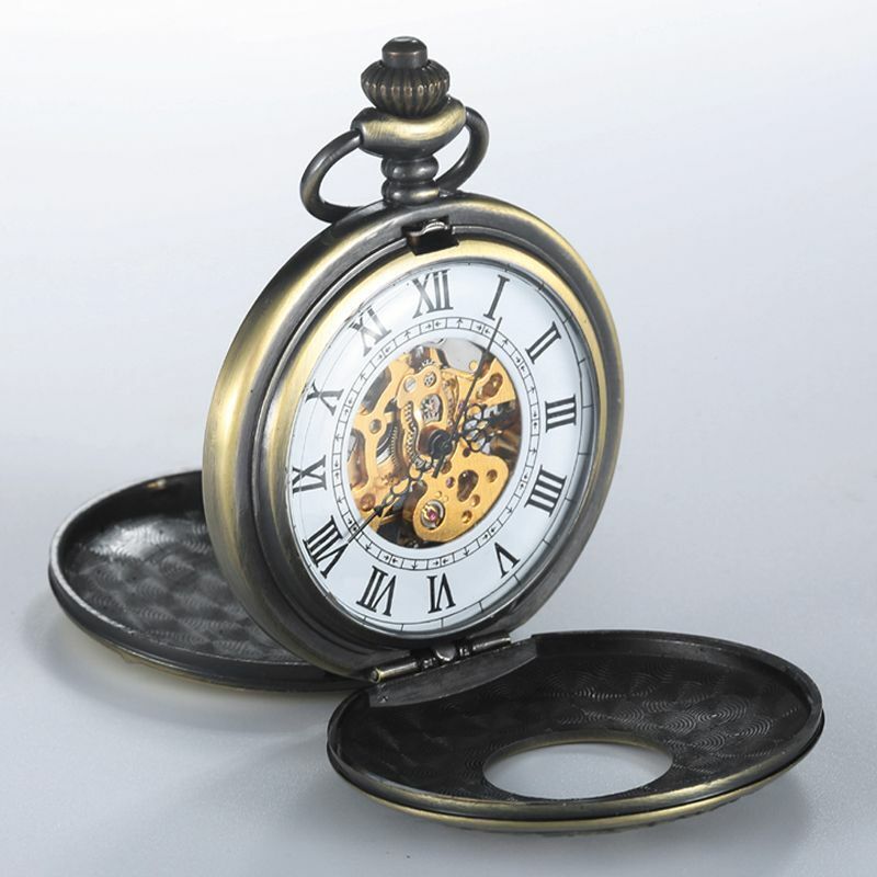 Retro Hand Wind Mechanical Pocket Watch With Fob Chains Men Hollow Skeleton Dial