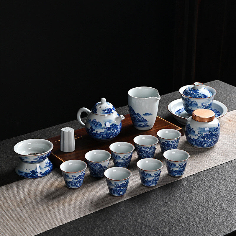 Complete Tea Set True Jingdezhen Blue And White Flower Country Kung Fu Tea Set