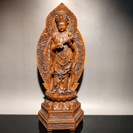 wooden statue carving decor sculpture Guanyin holding lotus Kwan-yin bodhisattva