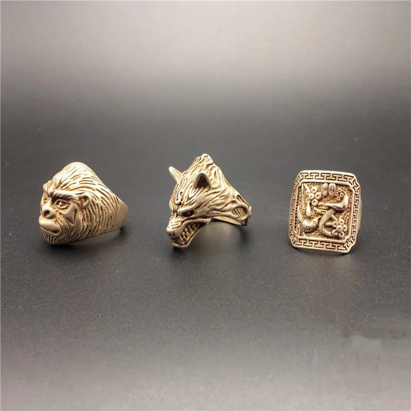 1pc Old Chinese Tibetan Wolf Head Monkey Head Flowers Bird Jewelry Finger Ring