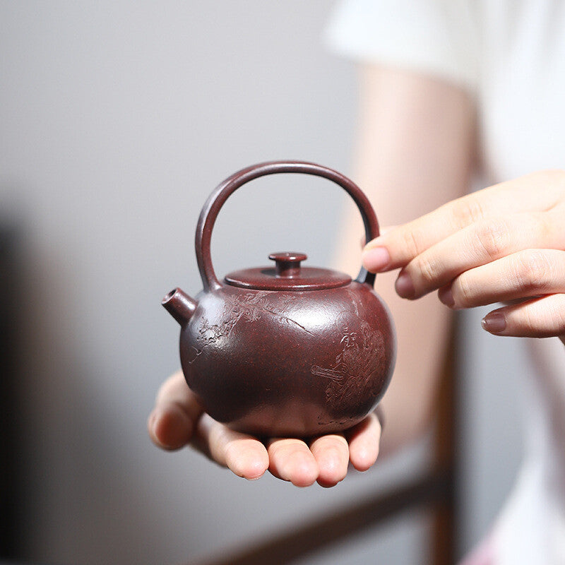 Real Yixing Zisha Purple Clay Tea Pot With Certificate Hand Carved Pot & Handle