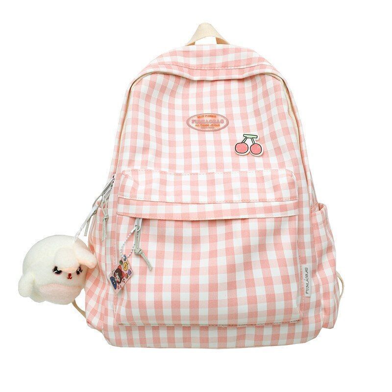Laptop Bag Nylon College Backpack Cool Traveling Plaid Book Bag 31*15*44 CM Pink