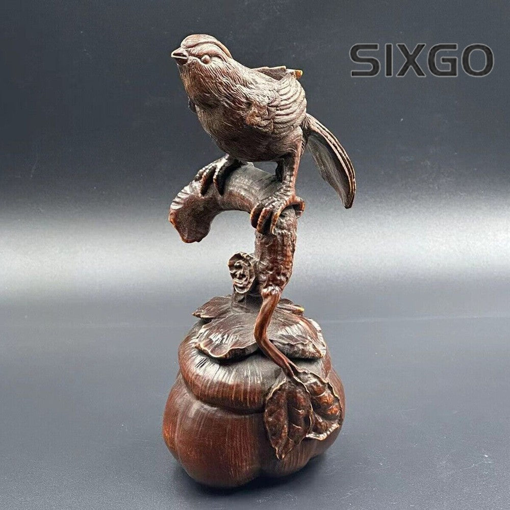 Chinese Antique Boxwood Carved Magpie Statue Exquisite Sculpture Home Decor Art