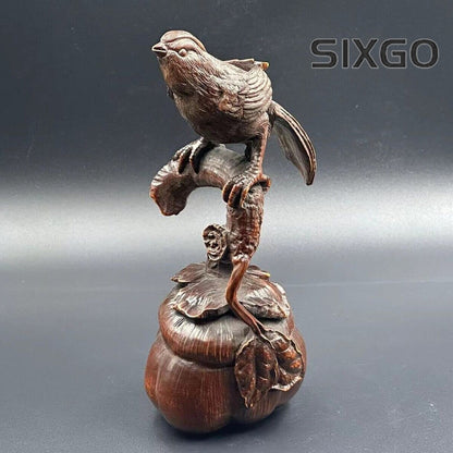 Chinese Antique Boxwood Carved Magpie Statue Exquisite Sculpture Home Decor Art